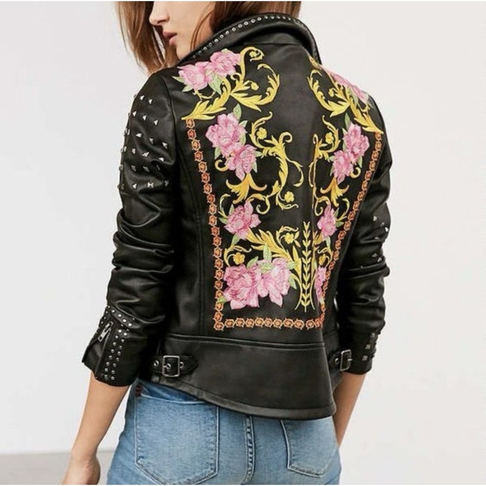 Silence + Noise Irina Studded Embroidered Faux Leather Jacket Black SZ XS